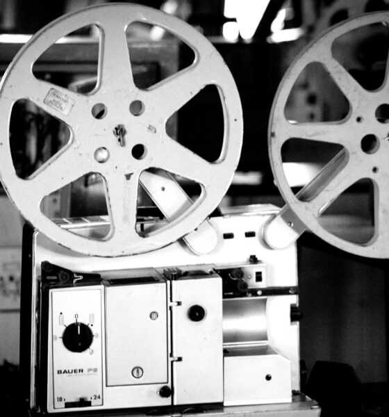 grayscale photo of film reels