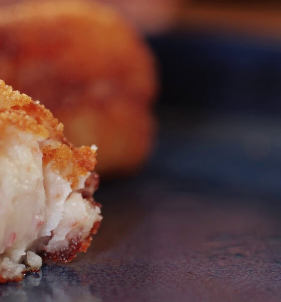 spanish tapas fried portuguese croquettes close up macro breaded croquette of fish pot SBI 349418069