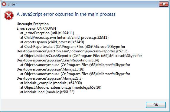 A JavaScript error occurred in the main process Uncaught Exception