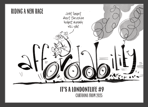 Cover of It's a LondOntLife #9 with the cartoon of the word "Affordability" as a bumpy car.