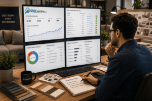 SEO specialist analyzing furniture search keywords, customer intent, and online search trends