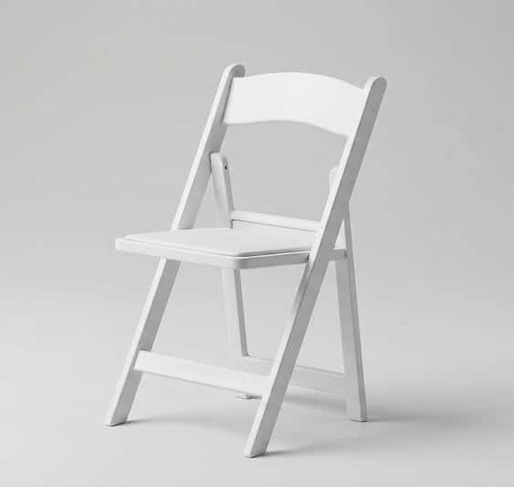 White resin garden chair with padded seat for wedding ceremony rentals