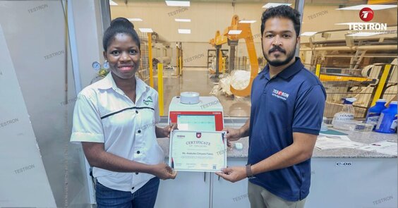 Testron Group presenting WVTR200 WVTR Tester installation certificate at Flexipack Limited