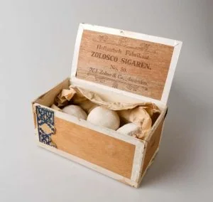 Clay clods "Bonkjes" in a cigar box ; where a "Bonkje" refers to a certain amount of clay that is punched in a cube shape or rolled in a ball. Photo by Tropenmuseum, part of the National Museum of World Cultures, CC BY-SA 3.0