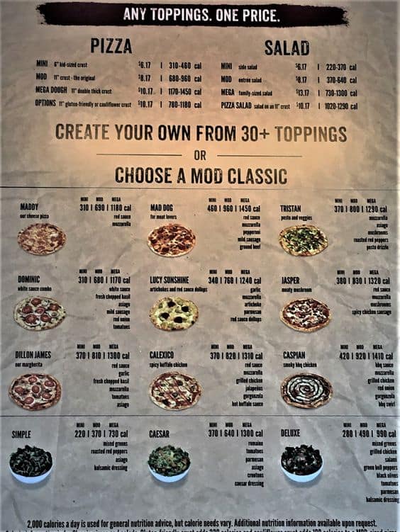 mod pizza cost and menu