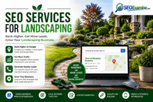 SEO services for landscaping businesses showing local search optimization, Google Maps rankings, lead generation, and landscaping company growth.