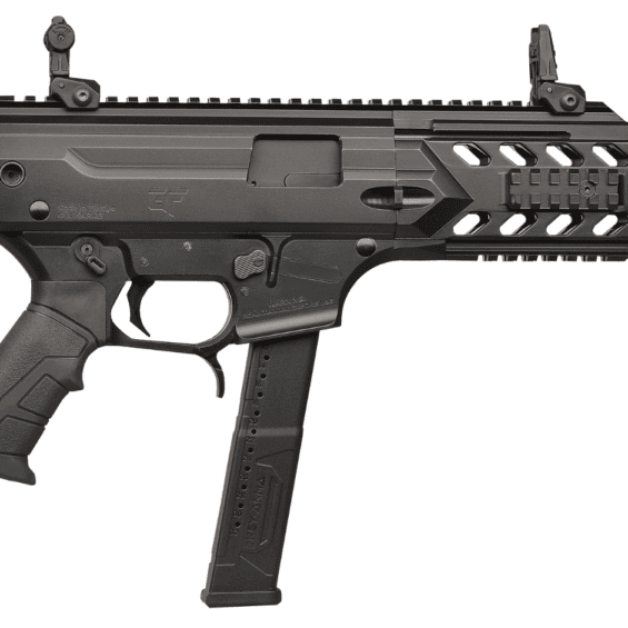 Black tactical pistol with Picatinny rail, folding sights, and a curved magazine inserted.