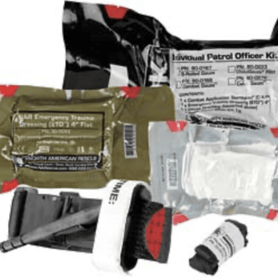 Civilian trauma kit with tourniquets, gauze, and bandages for emergency bleeding control.