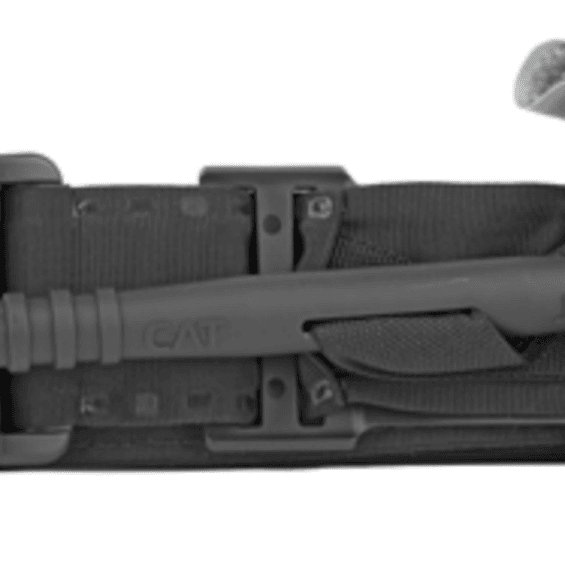 Compact Combat Application Tourniquet (CAT) mounted on a nylon strap with securing clips, viewed flat.