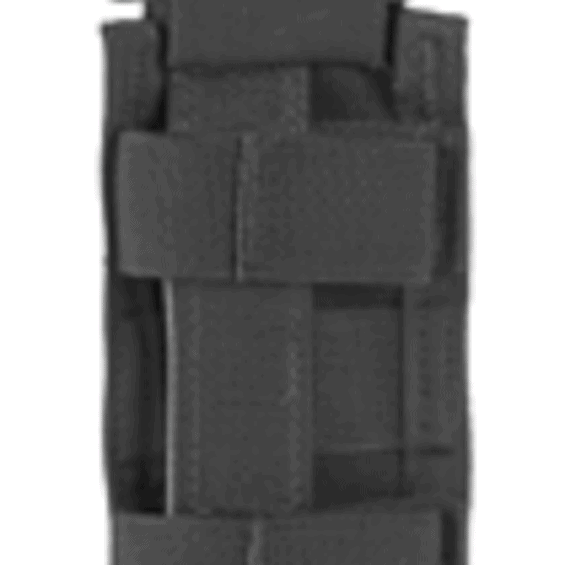 Black tactical rifle magazine pouch with three Velcro-secured compartments, designed to hold magazines.