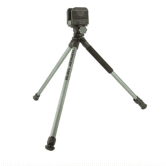 Tripod with three adjustable legs supporting a mounted action camera on top.