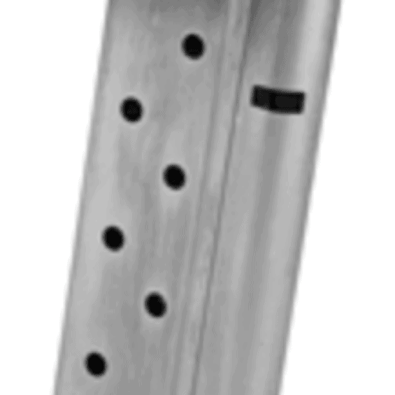 Metal pistol magazine with circular witness holes and a baseplate, shown at an angle to reveal its side.