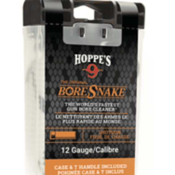 Hoppe's 9 Boresnake 12 Gauge gun bore cleaning kit in a clear plastic case with a black/orange label.