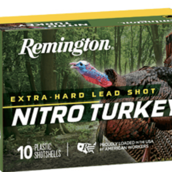 Remington Nitro Turkey extra-hard lead shot shotgun shells box (10 shells) showing woodland background and turkey image