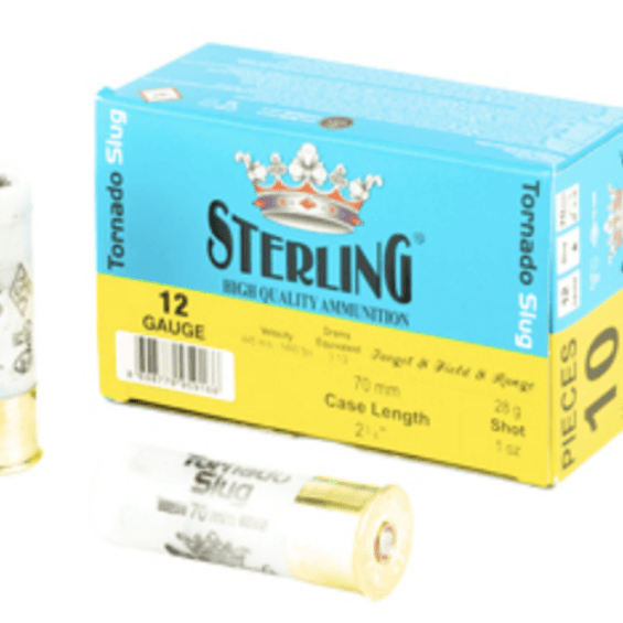 Blue Sterling ammunition box for 12-gauge shotgun shells with two white shells placed beside it, showing the brand and gauge clearly