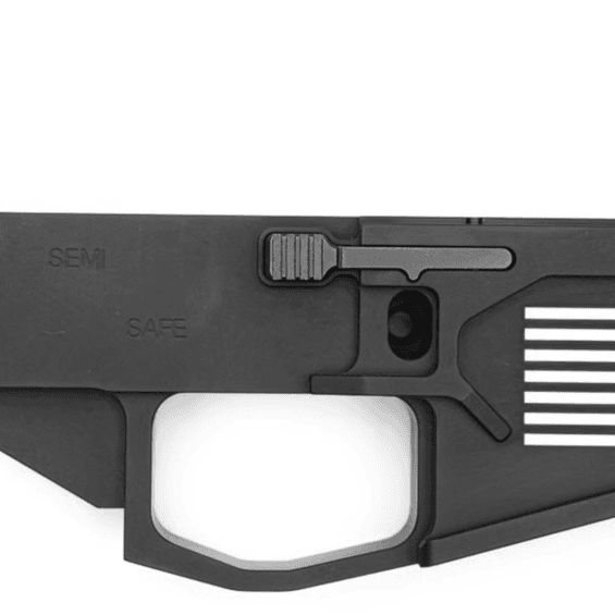 Close-up of a black semi-automatic pistol lower receiver with a white-on-black American flag graphic on the grip area