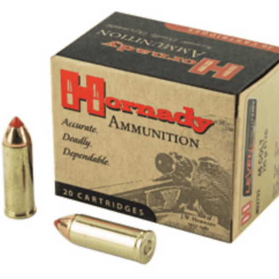 Box of Hornady ammunition with two brass bullets beside it on a white background.