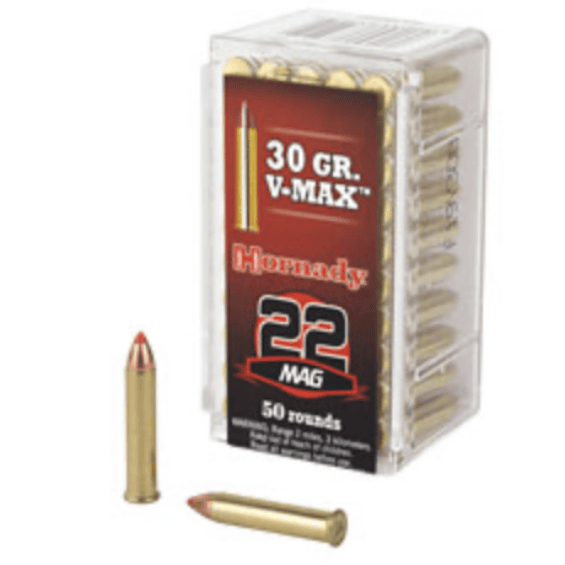 Box of Hornady .22 Magnum ammo (50 rounds, 30 gr V-MAX) with two bullets displayed beside the box.