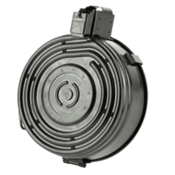 Circular drum-style firearm magazine with a top feed mechanism, black metal construction
