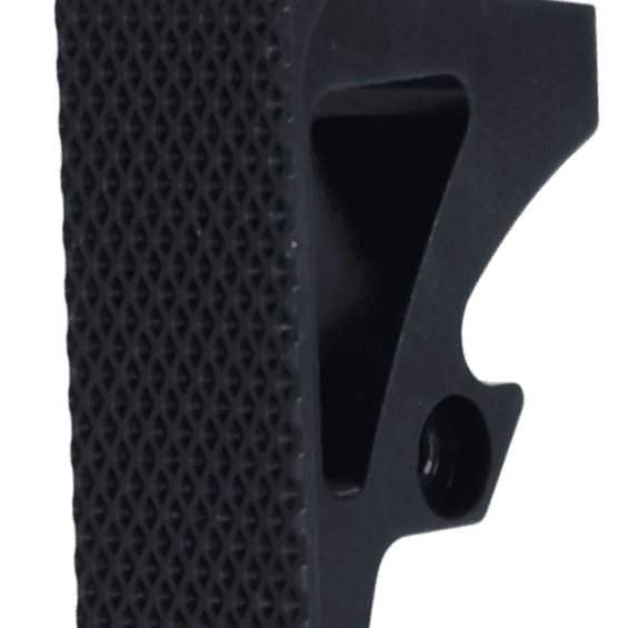 Black plastic mounting bracket with a textured grip and two mounting holes, used to attach an accessory on a device.