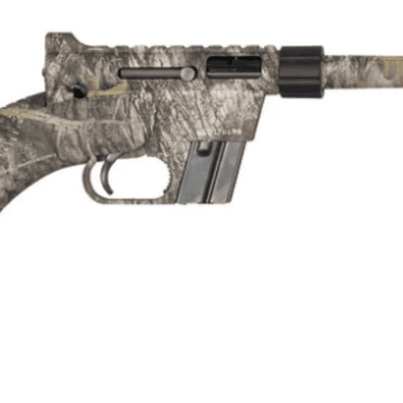 Camouflage-pattern hunting rifle with a long barrel and stock on a white background.