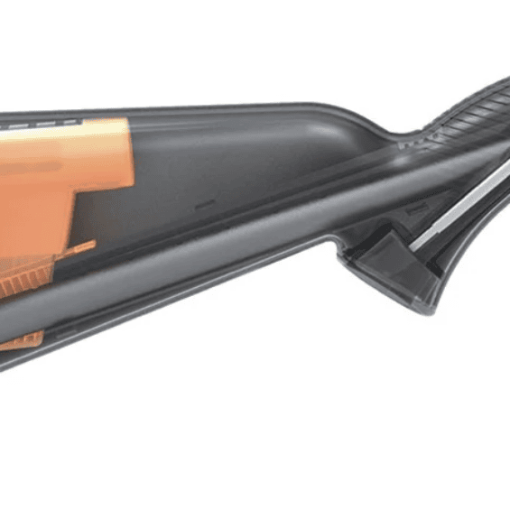 Cutaway side view of a rifle stock showing orange internal components inside a translucent housing.