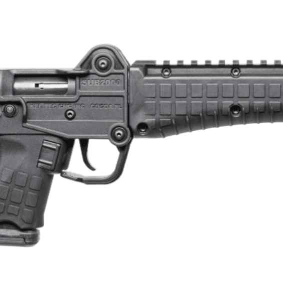 Black AR-style rifle with adjustable collapsible stock, pistol grip, and long quad-rail handguard.