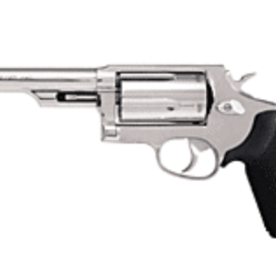 Silver revolver handgun with a long barrel and black grip, shown from the side.