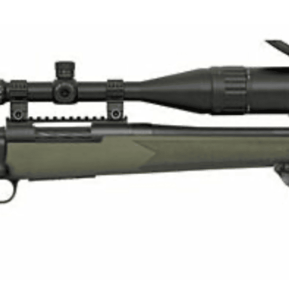 Long sniper rifle with a green stock and a large scope mounted on top.