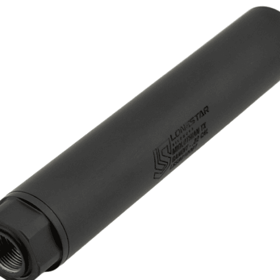 Black cylindrical firearm suppressor with threaded opening at one end, angled diagonally across a white background.
