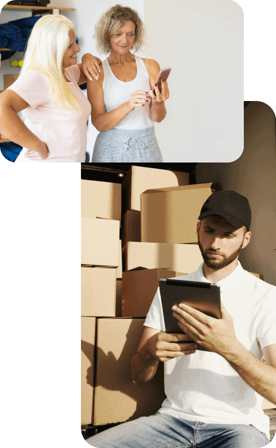 Zwei Bilder untereinander angeordnet. Zum einen zwei Frauen die gemeinsam auf ein Handy gucken und darunter ein Bild mit einem Mann mit einer schwarzen Mütze der auf ein Tablet guckt. Hinter Ihm stehen Kartons