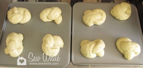 Pesto Bread dough tied in knots ready to bake