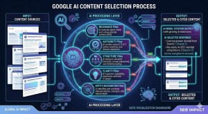 Diagram showing how AI models evaluate content using relevance, authority, structure, clarity, and entity recognition before citing sources.