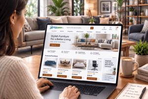 Customer shopping for furniture online while browsing optimized product pages on a modern e-commerce website