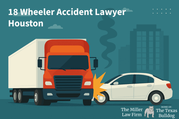 Illustration of an 18-wheeler truck colliding with a car in Houston, representing The Miller Law Firm – The Texas Bulldog, experienced truck accident lawyers.