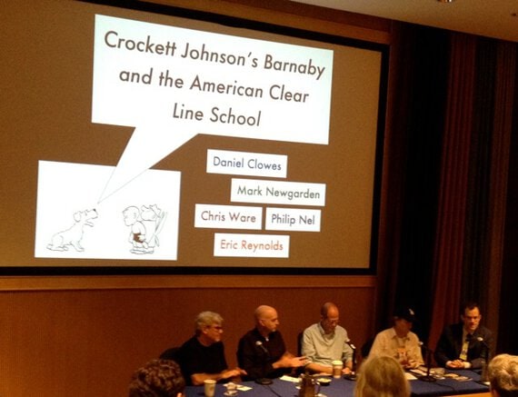 Crockett Johnson's Barnaby and the American Clear Line School. Left to right: Mark Newgarden, Daniel Clowes, Chris Ware, Eric Reynolds, Philip Nel. Photo by Paul Karasik.