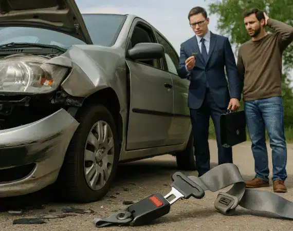 Car crash seat belt failure scenario showing damaged restraint system