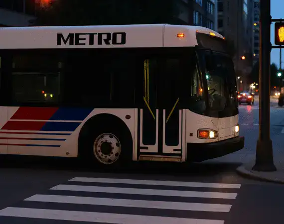 A METRO bus stopped near a crosswalk after a pedestrian accident in Houston