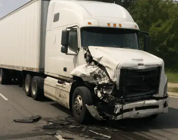 Damaged 18-wheeler truck after a collision on a Houston highway