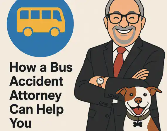 Illustration of Houston bus accident attorney Adam with McLovin the Texas Bulldog mascot