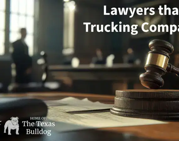Courtroom gavel with text “Lawyers that Sue Trucking Companies” – Miller Law Firm, The Texas Bulldog