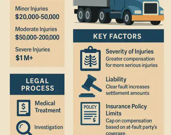 Texas truck accident settlement guide infographic showing settlement ranges, calculation factors, and legal process steps.