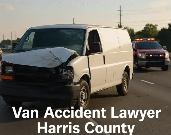 Damaged white cargo van after an accident in Harris County with emergency vehicles responding.
