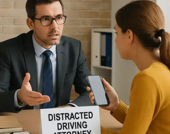 Houston distracted driving accident lawyer meeting with injured client about case strategy