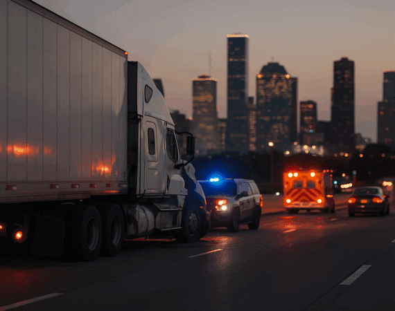 Commercial truck crash scene in Houston with 18-wheeler and emergency response.