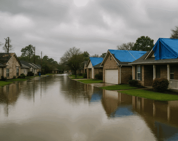 Houston homes with storm and flood damage after heavy rainfall.