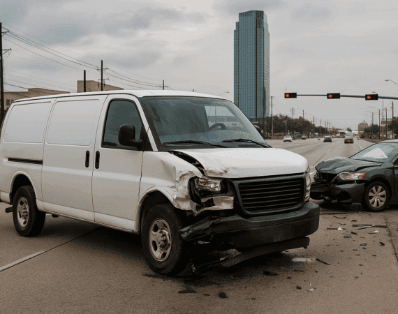 Houston van accident scene on city street with damaged white van and car — used for The Miller Law Firm, The Texas Bulldog