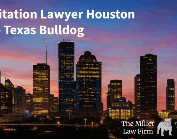 Houston skyline at dusk with The Miller Law Firm – The Texas Bulldog logo representing a top solicitation lawyer in Houston