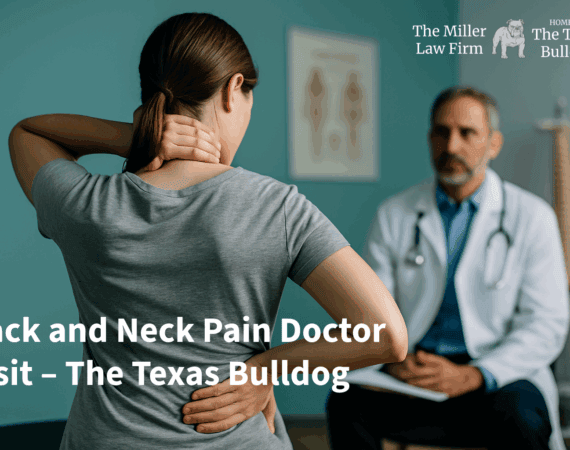 Woman holding her neck and lower back in pain while speaking with a doctor during a medical evaluation for back and neck injuries.