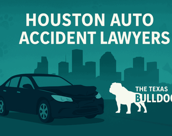 Graphic of a Houston auto accident lawyer concept featuring a damaged car, Houston skyline, and The Texas Bulldog branding.